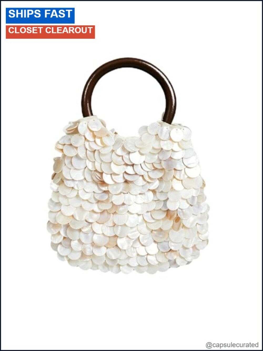 Shell Clutch Handbag Natural Seashell Purse Wooden Handle Handmade